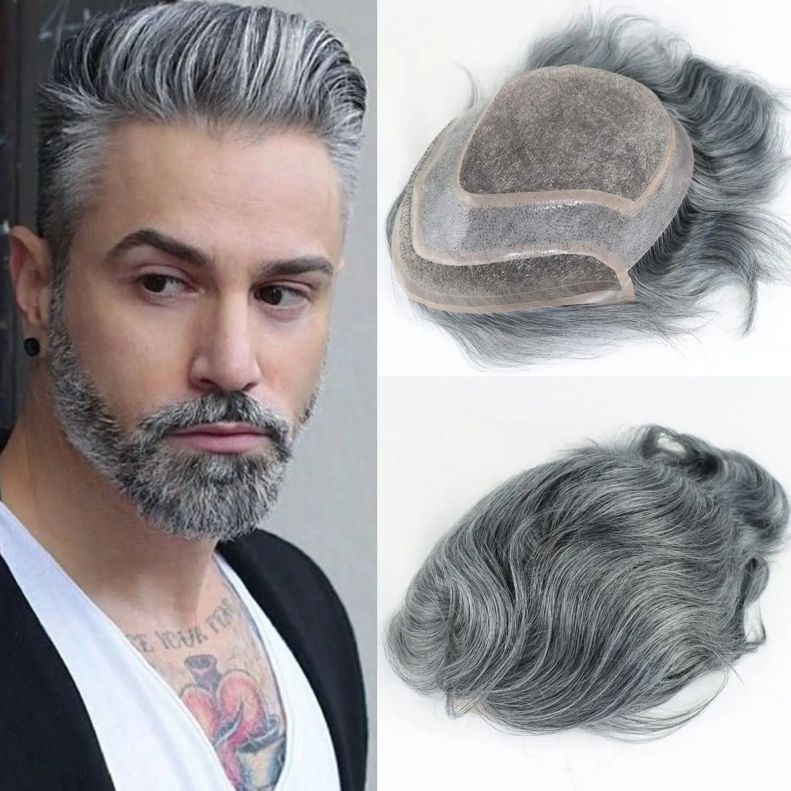 Grey Hair Wigs Lace Men Toupee With