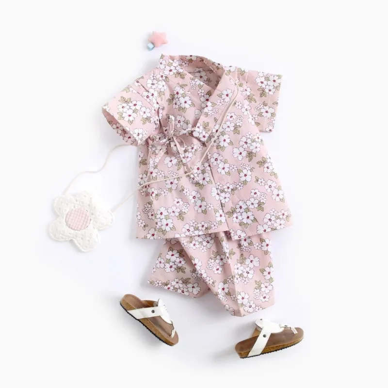2025 Baby Sleepwear Suit Summer Japanese Children's Household Bathrobe Kimono Pyjama Kids' Short Sleeve Top Pants Suit LI133