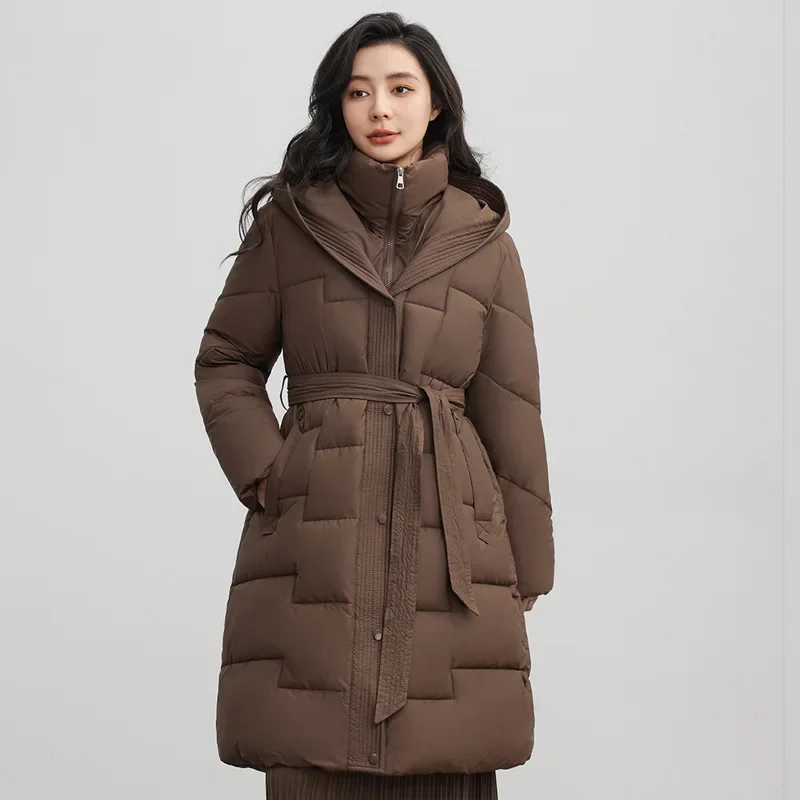 Veste en duvet de coton pour femme, mode d'hiver, Styles mi-longs, taille à lacets, épaisse, à capuche, col montant, vêtements pour femmes