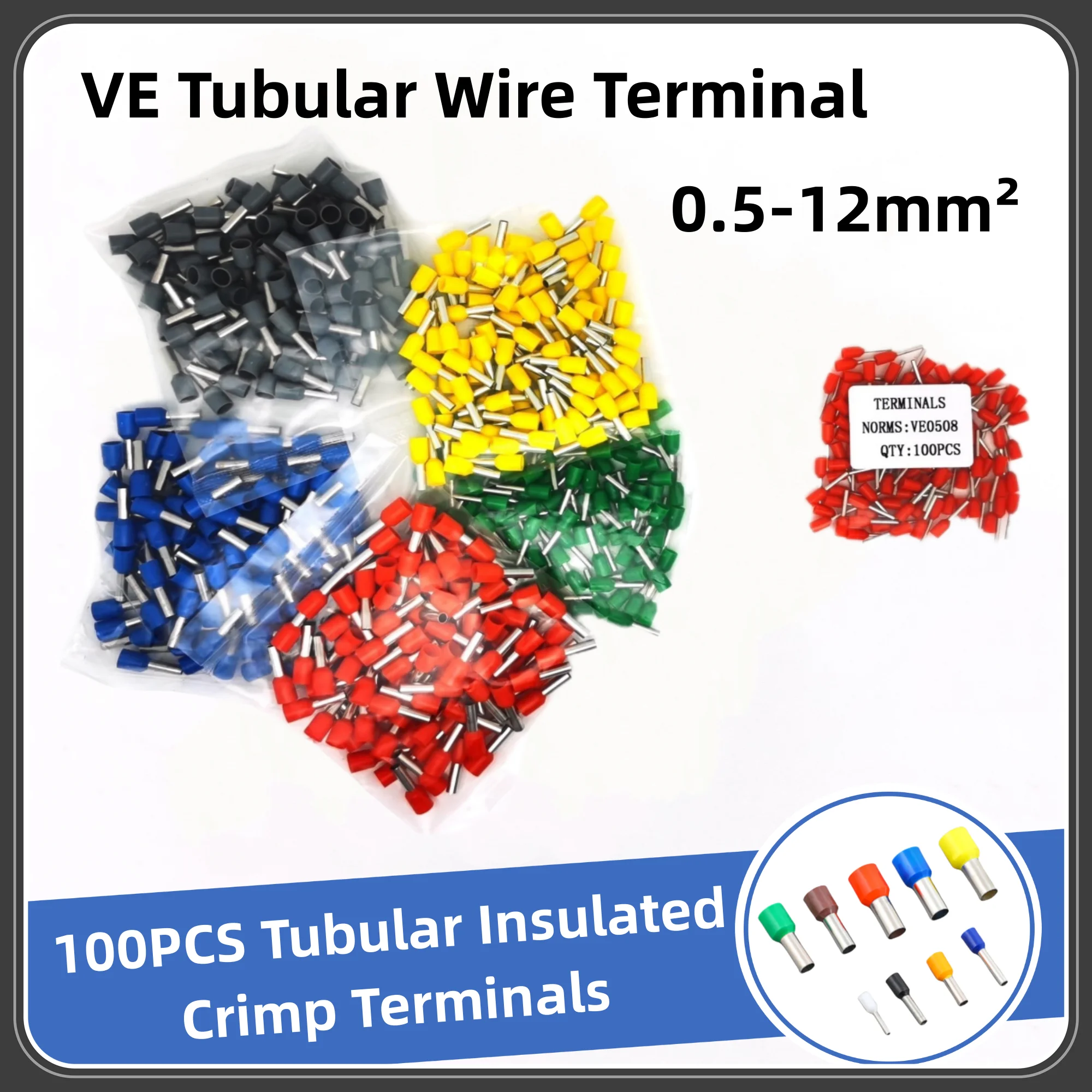 100PCS Of Bags VE Tubular Electrical Wire Connector Insulated Crimp Terminals Assortment Wire Terminal Connector Cable Terminals