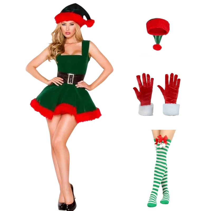

Christmas Green Dress with Accessories Full Set Sexy Stage Performance Costume for Women Xmas Theme Party Fashion Clothes