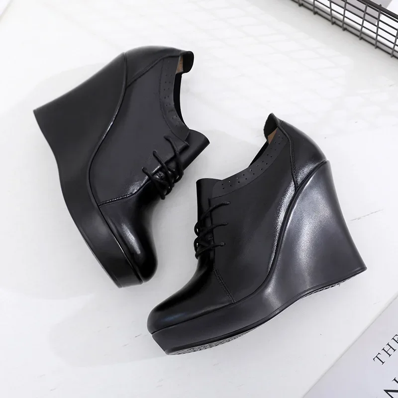 TIMETANGLace Up Wedges Shoes for Women Autumn Platform Pumps Woman High Heels Black Ladies Office Shoes Plus Size35-41E1293