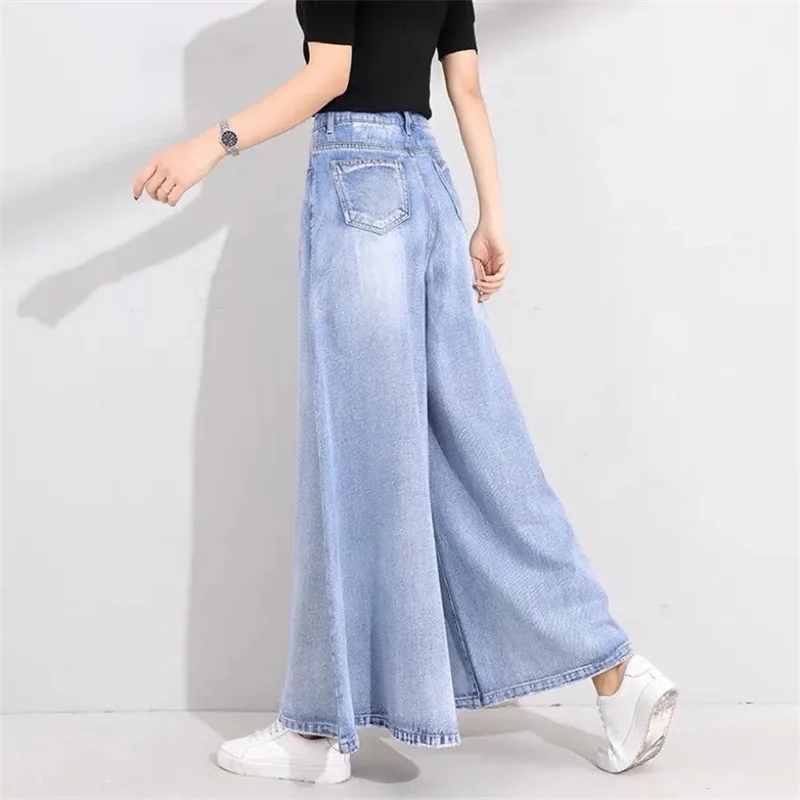 2025 Lady High Waist Denim Pants Skirt Korean Femme Wide Leg Cowboy Trousers Spring Autumn Women New Large Size 6XL Loose Jeans