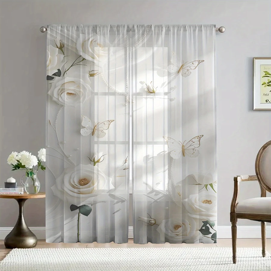 2PCS Digital Printing Sheer Curtain, White Roses Golden Butterflies Pattern, Romantic Luxury Wedding Bridal Bedroom Decor - view 3