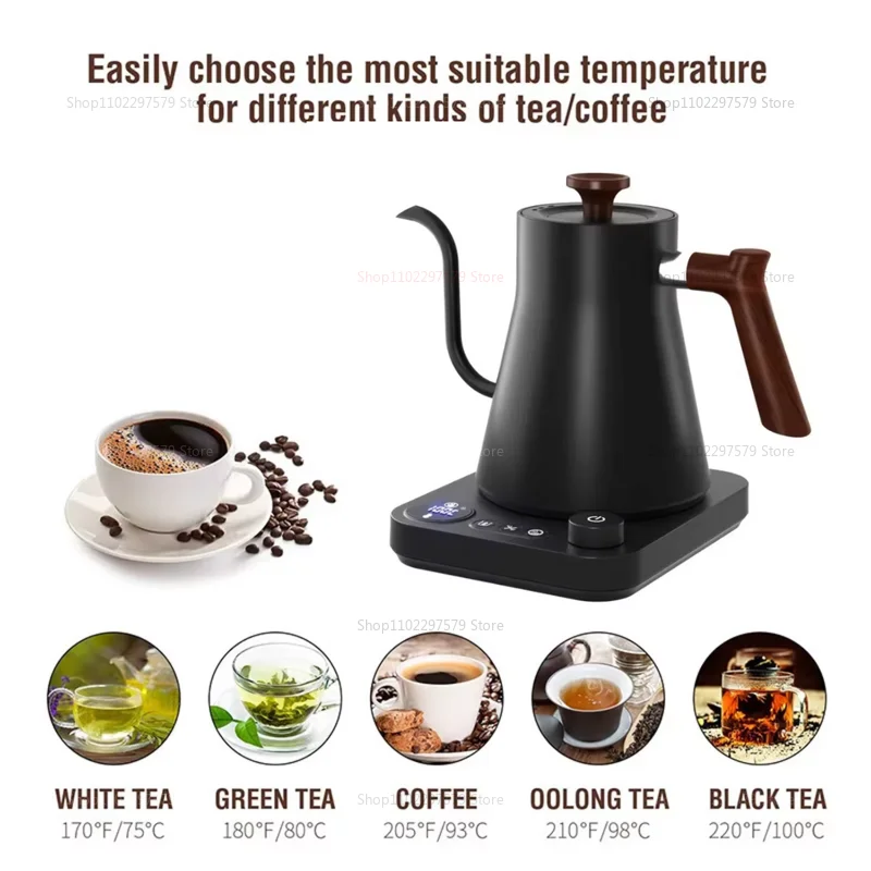 Bule de café artesanal para viagem, portátil, 0,9l, pescoço de ganso, aço inoxidável, temperatura constante inteligente, chaleira elétrica