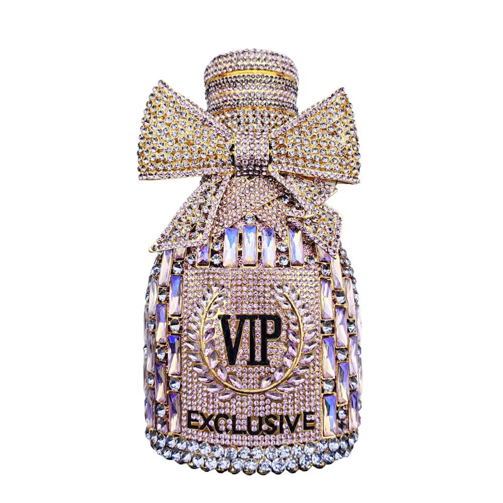 Women Champagne Bottle Rhinestone Evening Bag Sweet Bow Crystal Purse Clutch Unique Handbag Cocktail Party Shoulder Bag