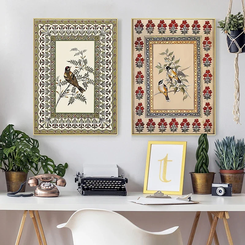 1pc frameless Canvas Painting Traditional Style Birds Flowers Wall Poster Retro Ethnic Ornate Art Print for Bedroom Living Room