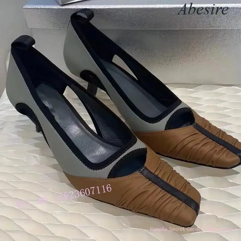 New Stiletto Heel Hollow Design Color Matching Pleated Square Toe Shallow Mouth Women\'s High Heel Single Shoes Mid Heel Retro