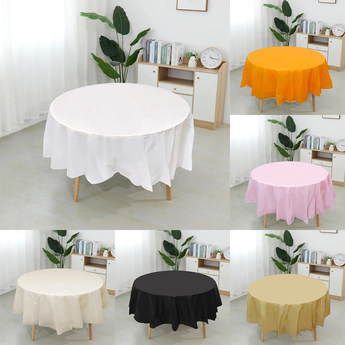 

Solid Color Round Plastic Tablecloths Happy Birthday Decoration For Home Wedding Party Hotel No Stitching Fabric Table Cloth