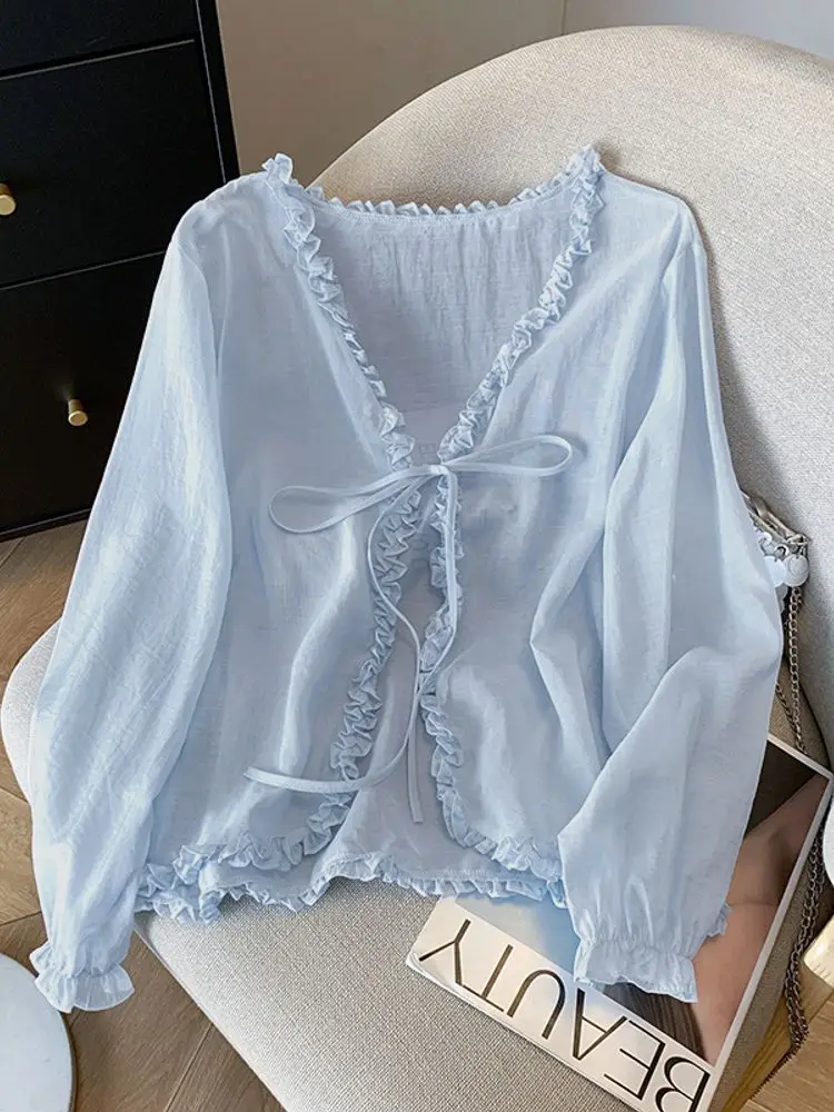 Solid Sweet Tops Women Cardigans Autumn Thin Shirts 2025 VONDA Fashion Long Sleeve Bandage Casual Ruffled Open Stitch Kinomo