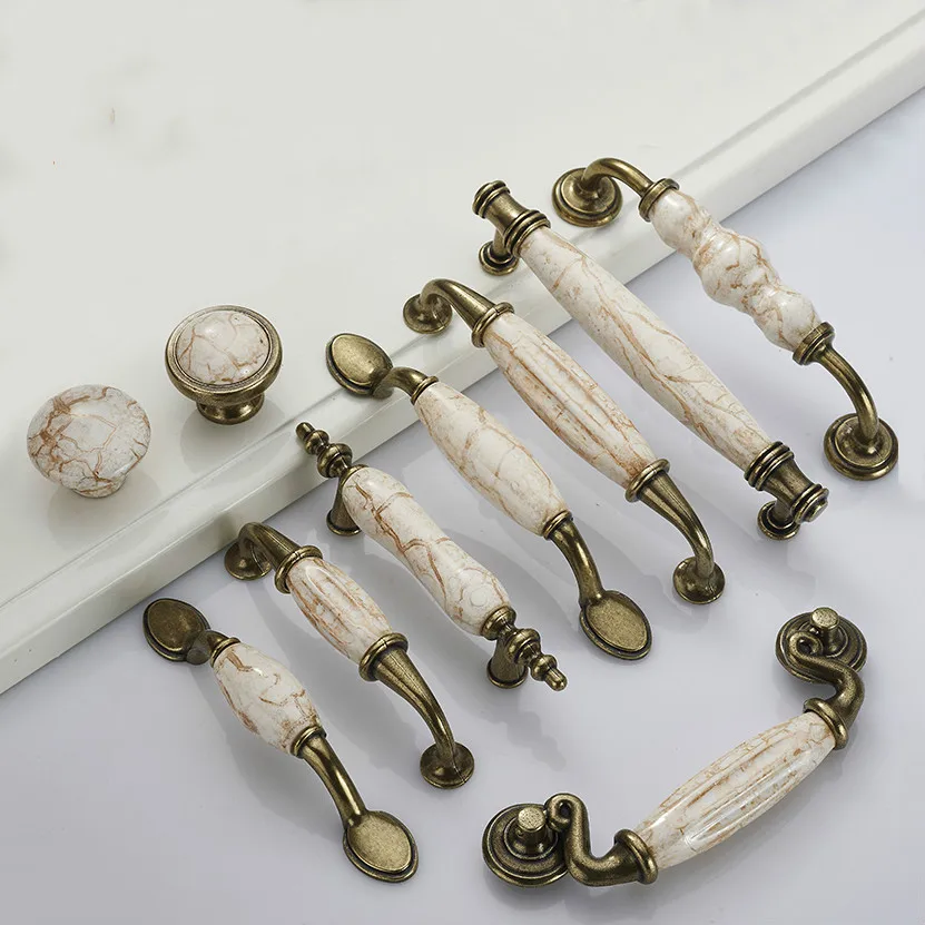 Marble Lines Ceramic Cabinet Handles Zinc Alloy Drawer knobs Wardrobe Door Handles Antique Bronze European Furniture Handle