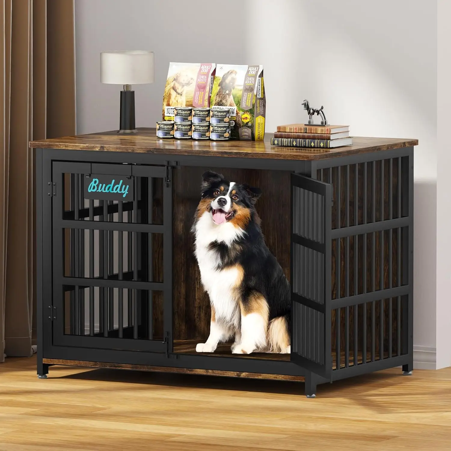 

XL Dog Crate Furniture with Name Tag, Heavy Duty Dog Kennel Indoor for Large and Medium Dogs, Double-Doors Sturdy Dog Cage