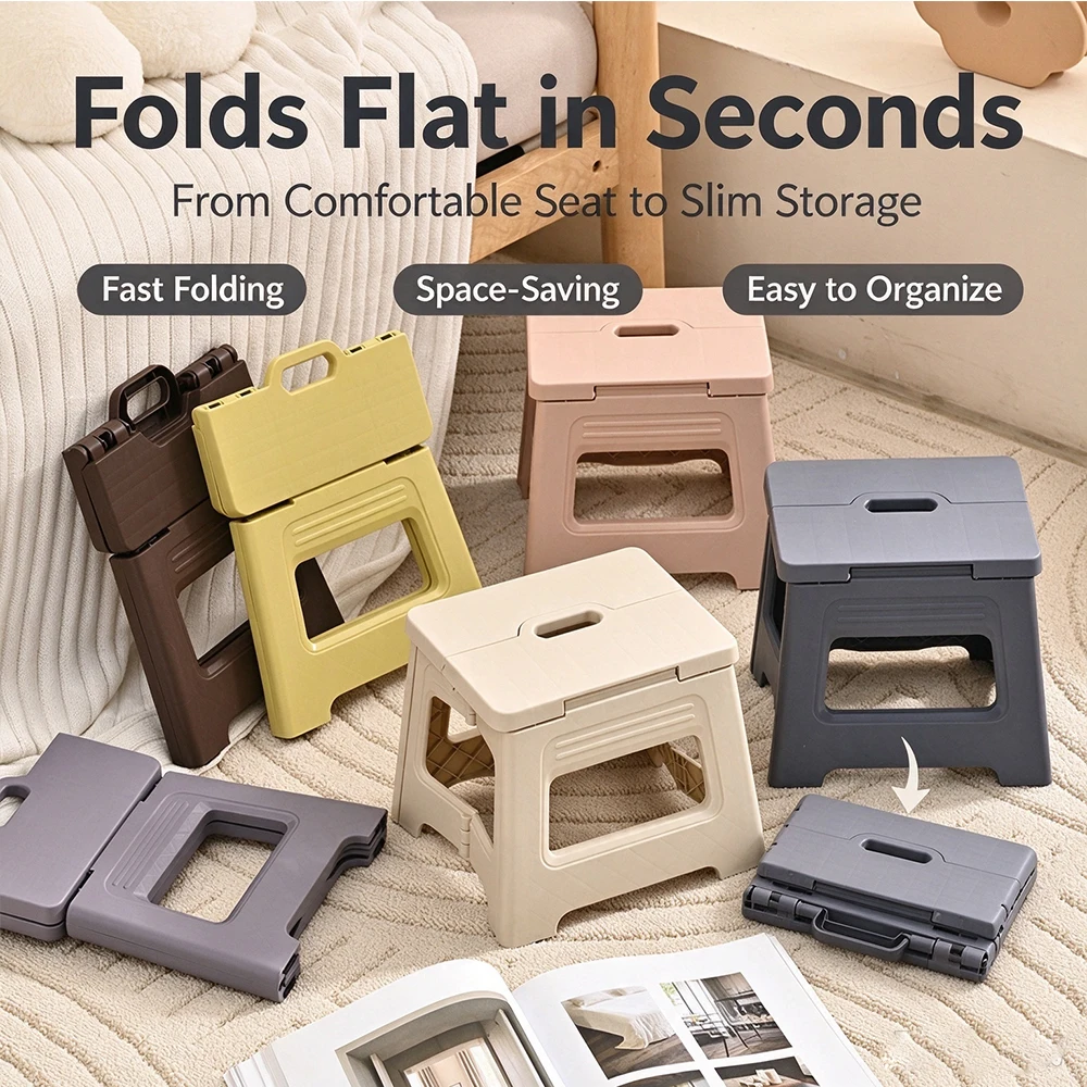 Multi-color Foldable Plastic Stool, Portable Collapsible Seat with Carry Handle, Fold Up Stool for Camping Travel Bedroom Living
