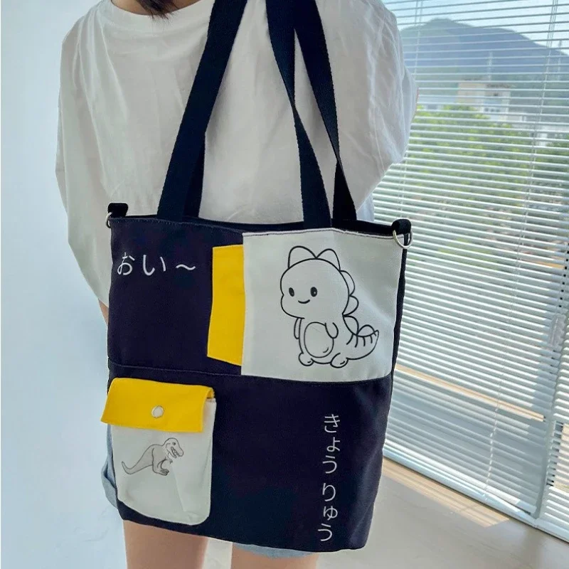 Canvas Color Matching Cute Dinosaur Tote Bag Large Capacity Portable Shopping Storage Bag