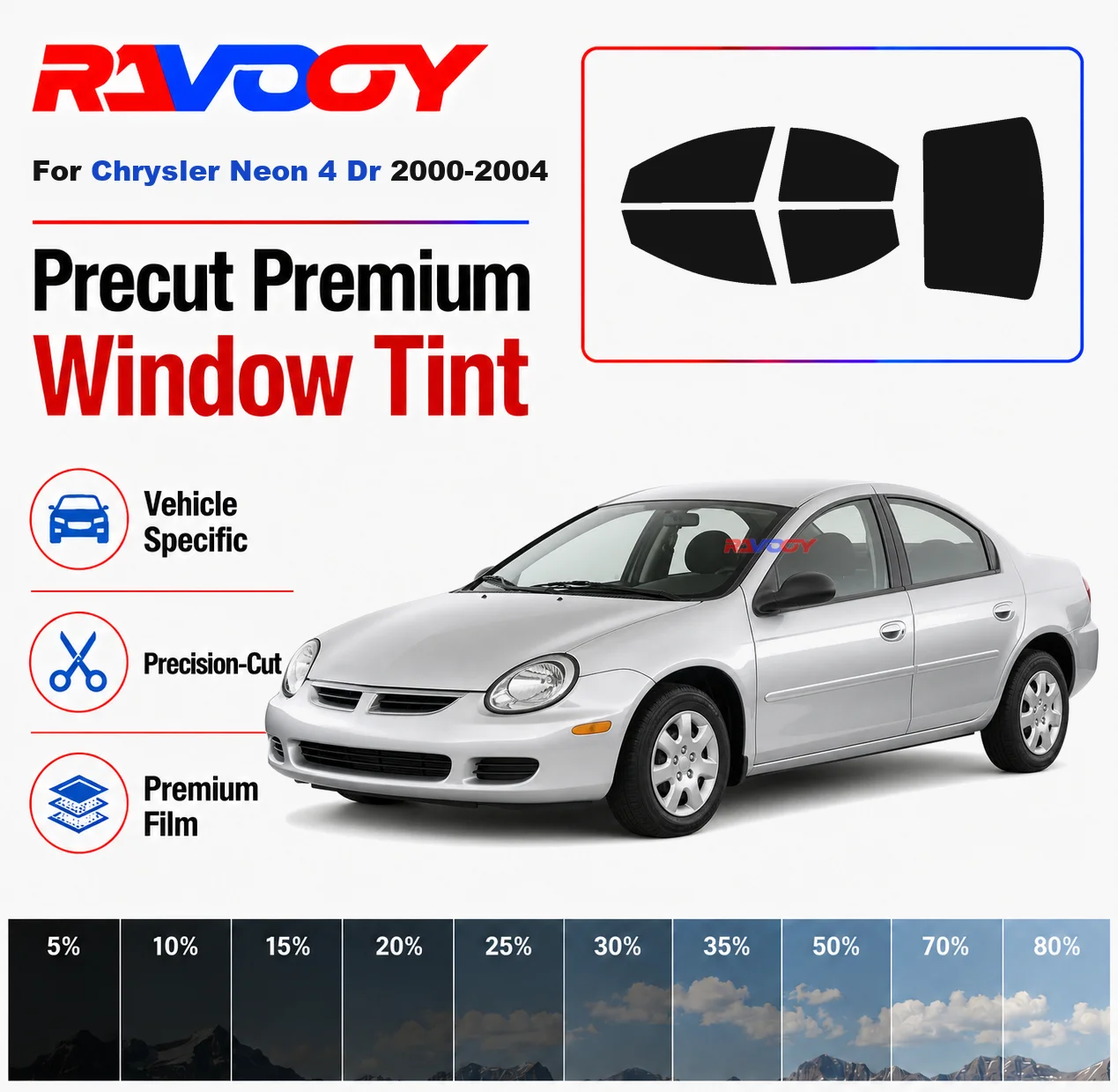 Premium Precut Window Tint Kit Front Rear Windows Rear Windshield For Chrysler Neon 4Dr 2000-2004 Complete Set Nano Ceramic Film