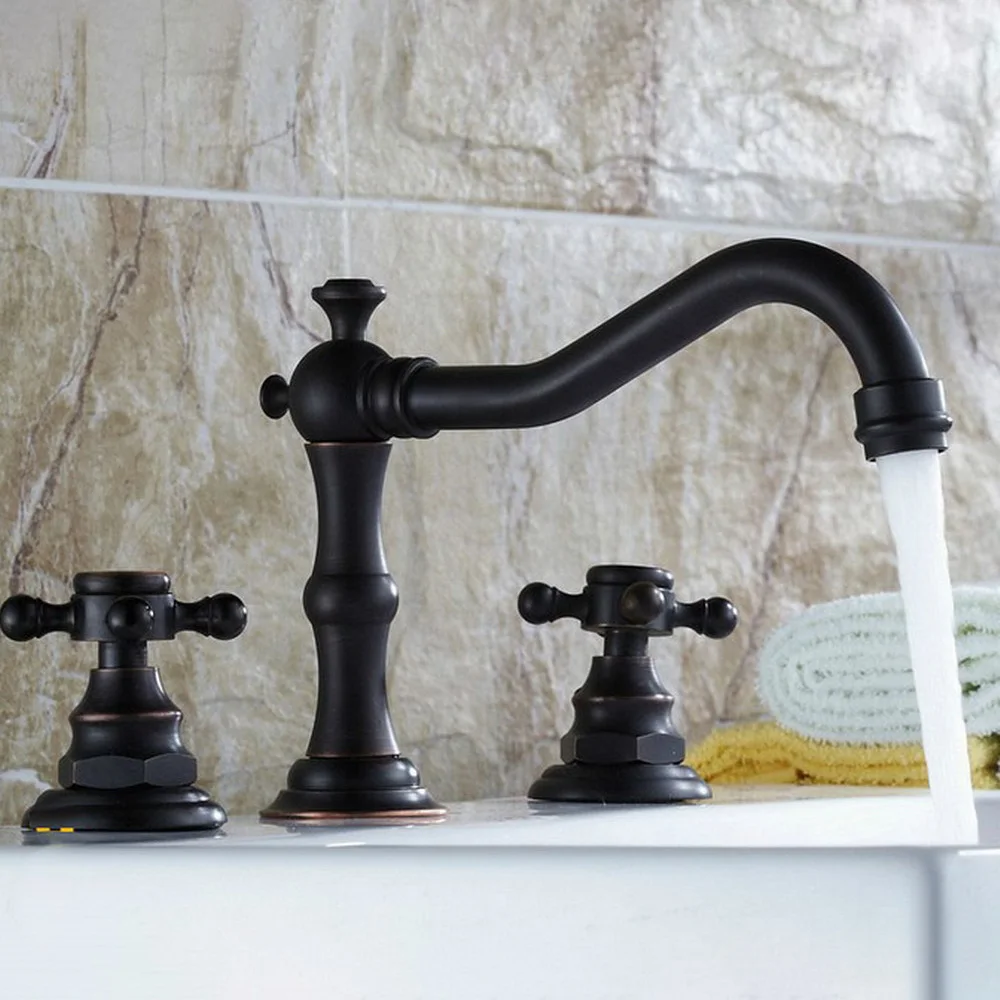 Oil Rubbed Bronze Deck Mount 3pcs Widespread Bath Basin Sink Faucet Dual Handles Mixer Taps Bnf043