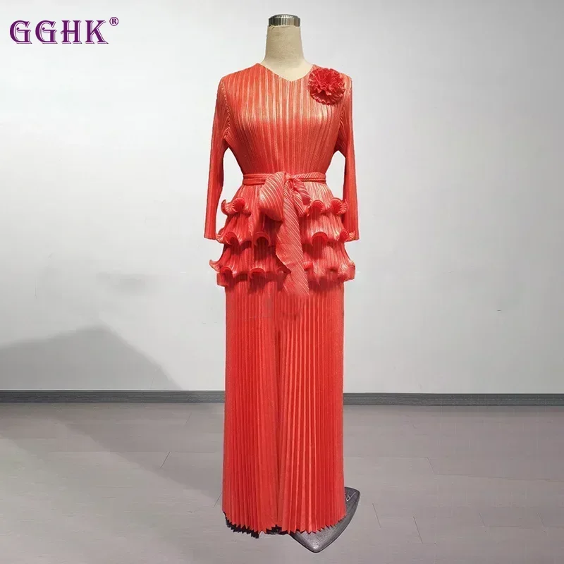 GGHK 2025 Spring Autumn New Women 2 Piece Solid Color V-Neck Ruffle Design Top High Waist Casual Folding Pants Female Suit