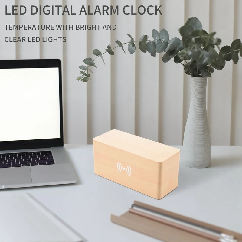 Houten Wekker Met Qi Draadloze Opladen Pad Compatibel Met Voor Iphone Samsung Hout Led Digitale Klok Geluid Controle Functio