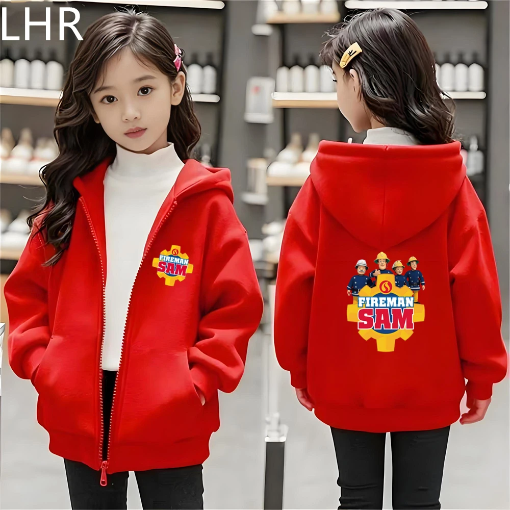 Firefighter Sam Animation Children Zip Black Pink Girl Hoodie Boy Tops Casual Sweatshirt Kids Autumn Trendy Outerwear Outdoors