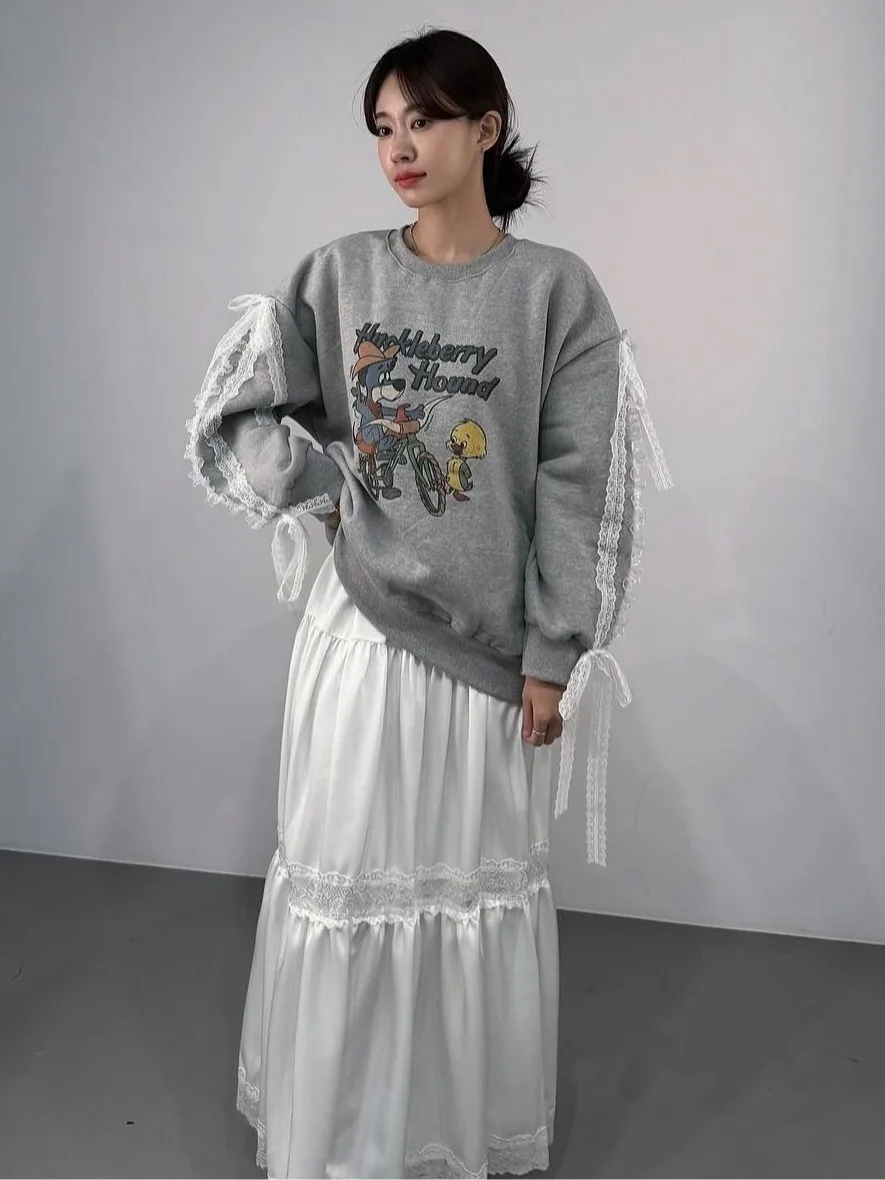 South Korea Dongdaemun  Sle Chic French Entry Lux Unique Cute Youth-Looking Cartoon Lace Graffiti Thickened Sweatshirt...