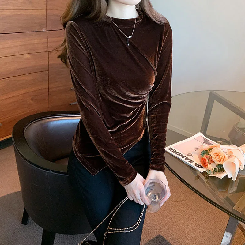 Autumn Winter Korean Slim Solid Color Irregular Tops Women\'s Clothing Fashion Round Neck Commute Simplicity Long Sleeve T-shirt