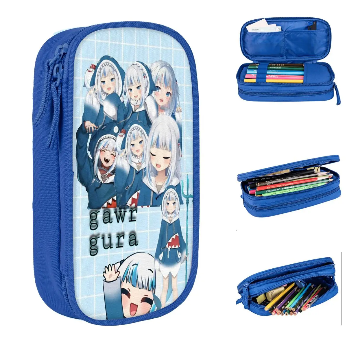 صندوق أقلام Sameko Saba X Gawr Gura بطبقة مزدوجة ذات سعة كبيرة للأطفال واللوازم المدرسية وحقيبة أقلام رصاص هدية عيد ميلاد