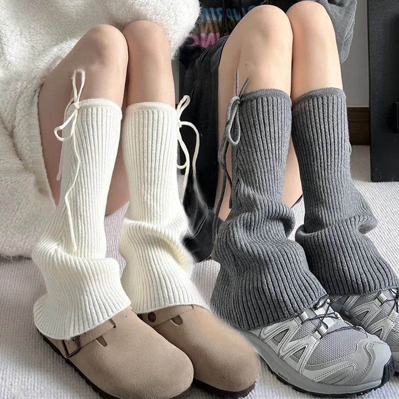 

Y2K Knitted Lace-up Leg Warmers Solid Color Long Socks for Women Winter Warm Lolita Stacked Stocking Foot Cover Soft Boot Cuffs