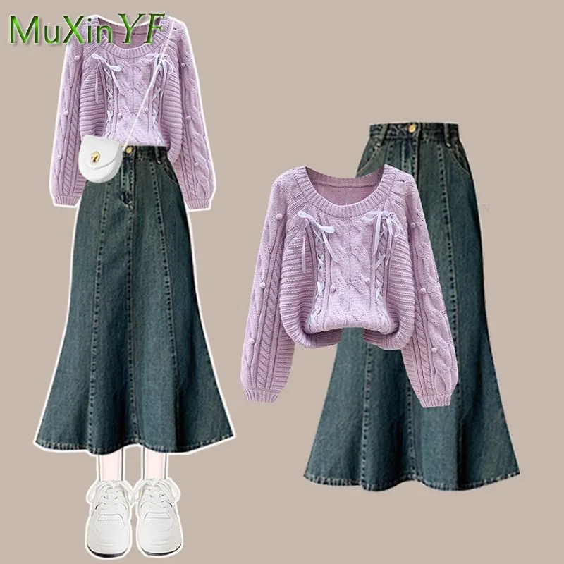 Women 2025 Autumn/Winter New Chic O-Neck Knit Sweater+Denim Fishtail Skirt 2-Piece Suit Korean Elegant Hoodie Dress Matching Set