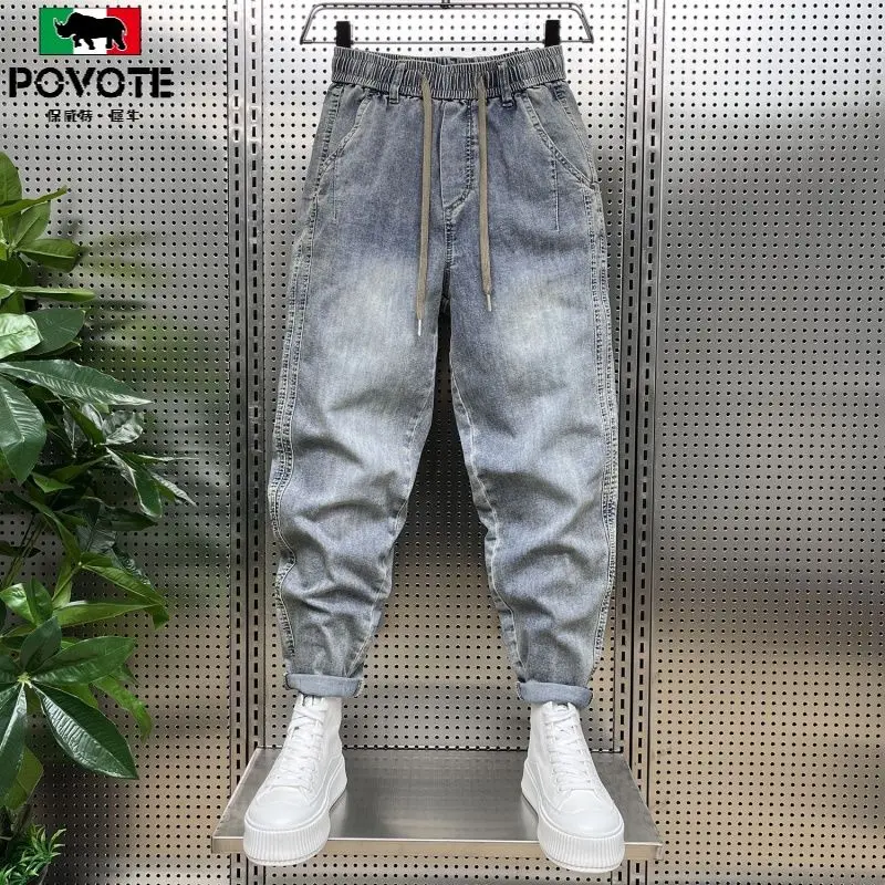 Fashion Casual Drawstring Denim Jeans for Men with Loose Fit and Thick Keep Warm Boyfriend Autumn and Winter Brushed Jeans