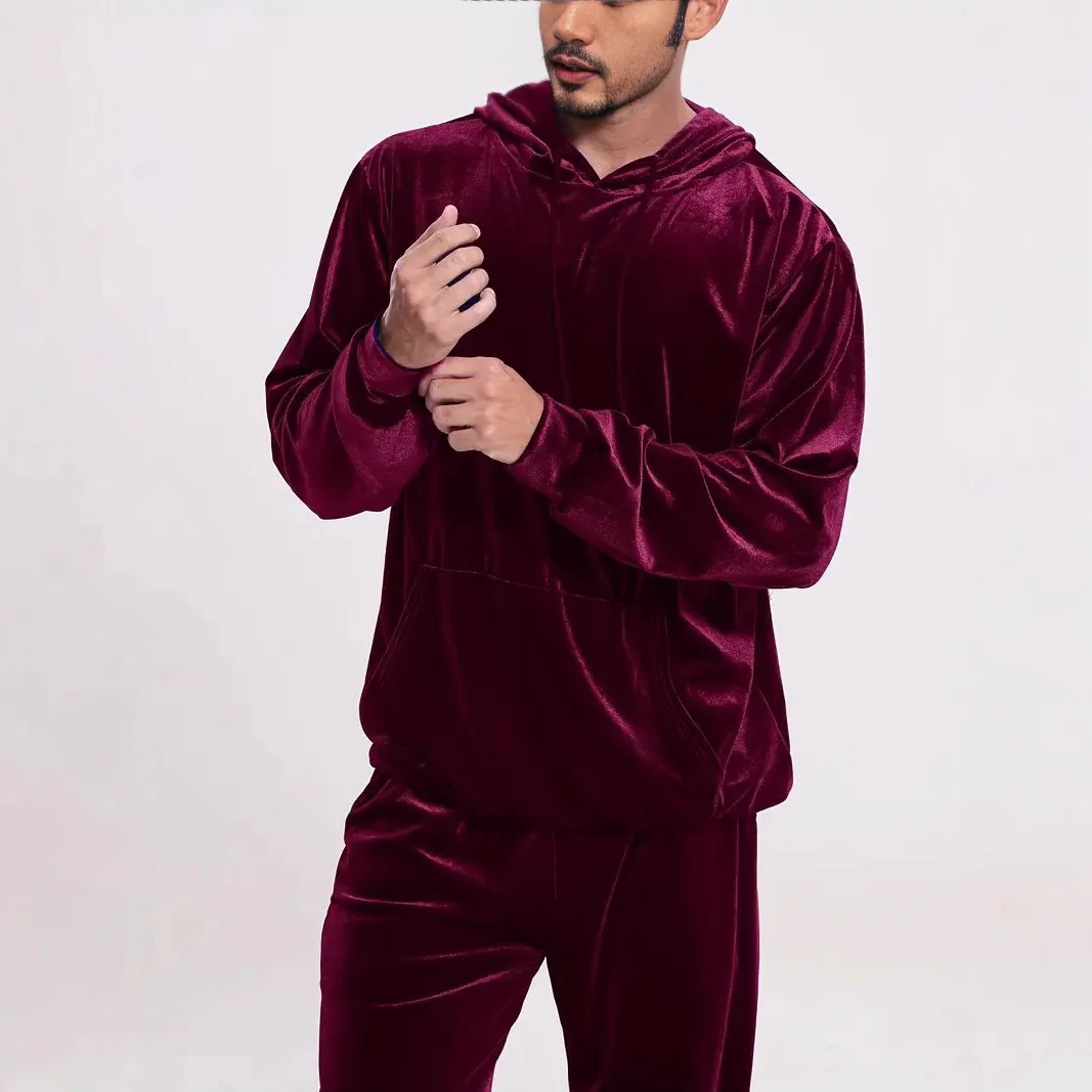 Men's Solid Color Velvet Casual Suit Long Sleeve Hooded Sweater Tights Pants Two-piece Set