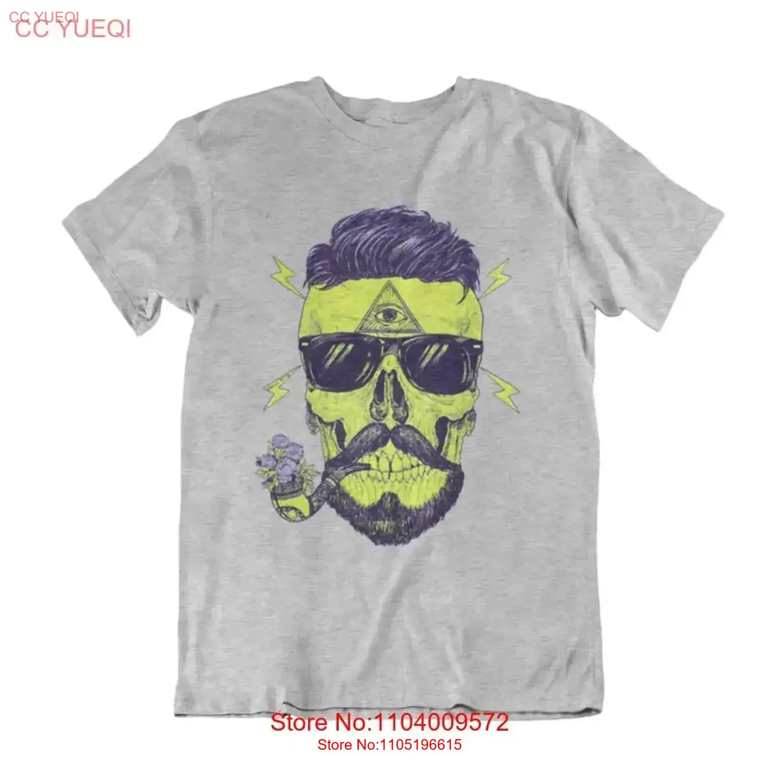 Mens Beard T Shirt Bearded Skull Illuminati Tattoo Pipe Retro Movember Goth Art vintage Washed streetwear Stretched Casual