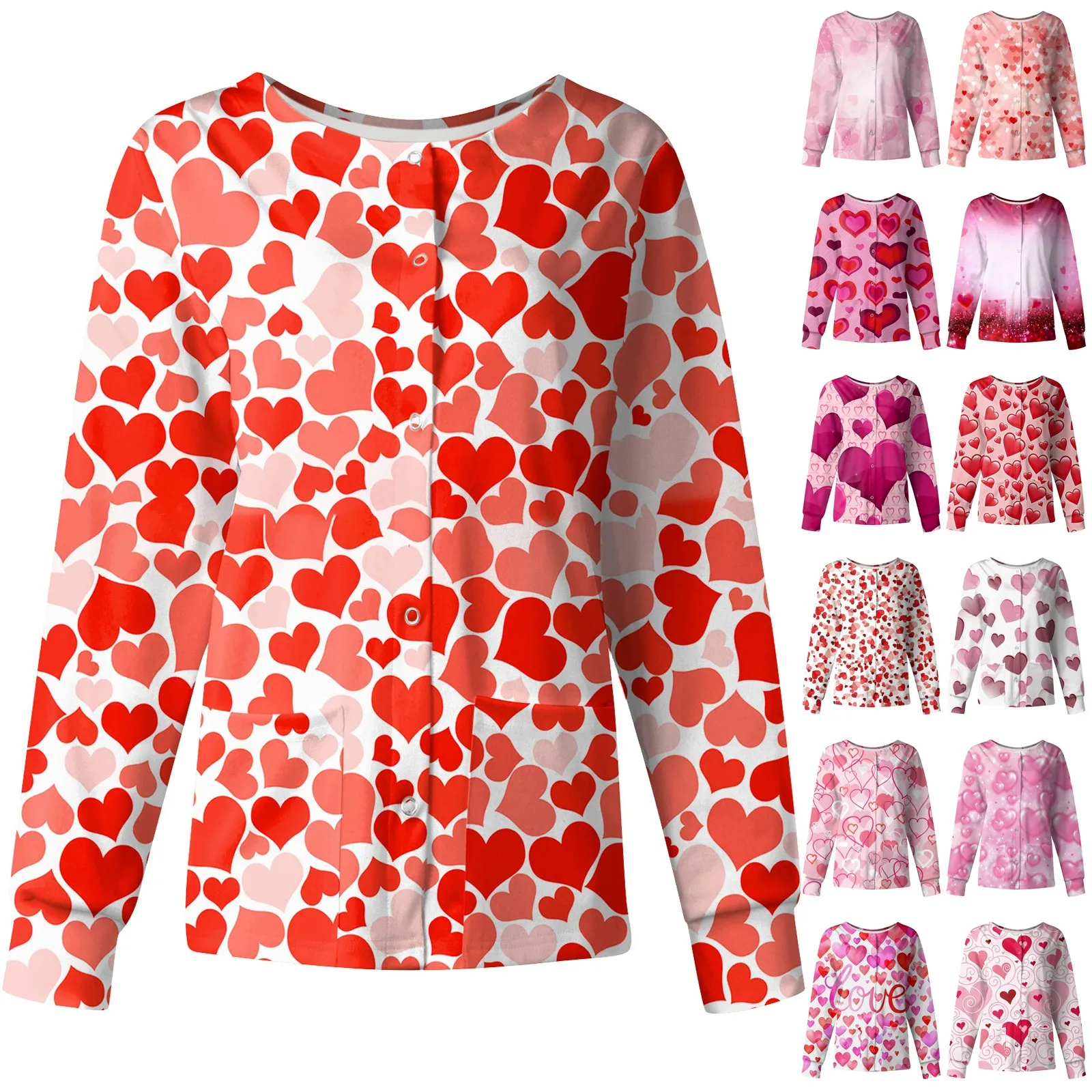 Valentine Day Women's Nurse Cardigan Casual Long-sleeved Single-breasted Heart Love Print Nursing Uniform Top Carers Workwear