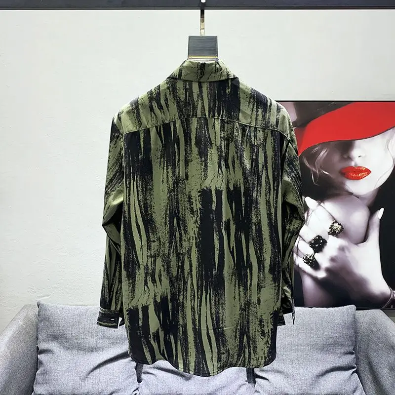 Korean Style Ink Retro Striped Shirt Men Slim Thin Tie-dyed Long-sleeved Ice Silk Shirt
