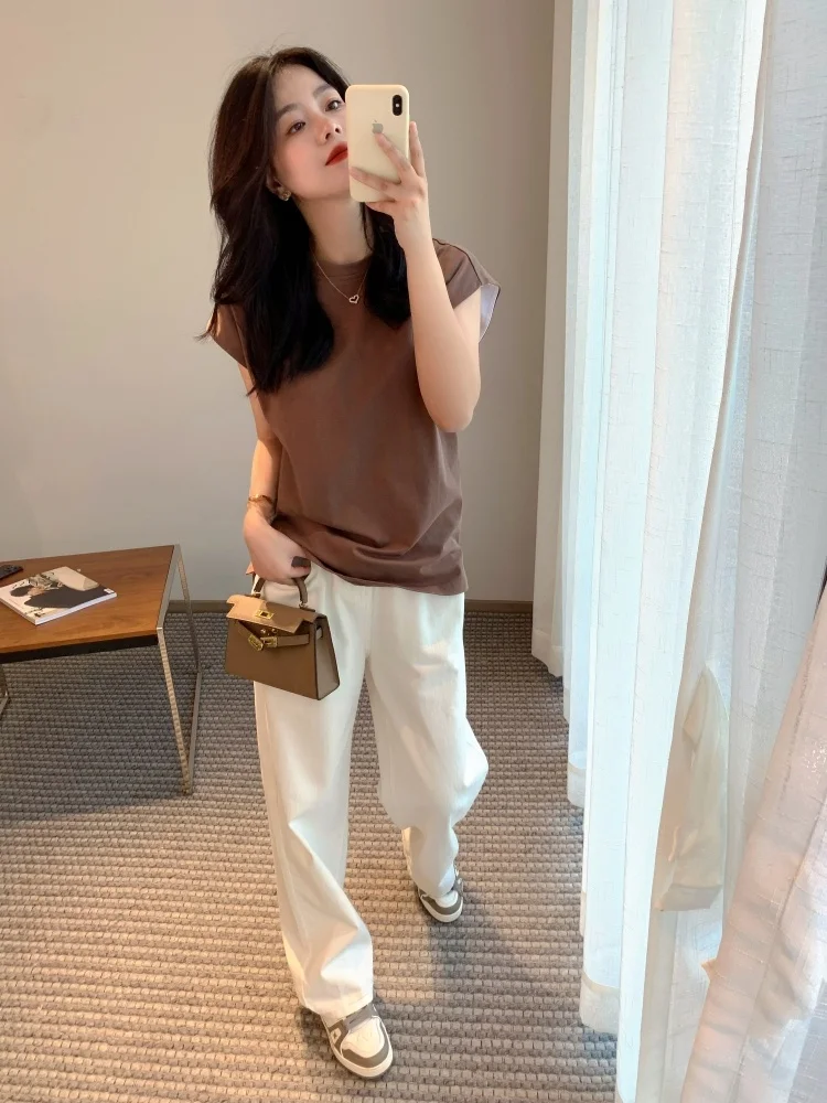 

Женская футболка Cé Brown свободного кроя с круглым вырезом, однотонная, универсальная, с коротким рукавом, повседневная, летняя, хлопковая