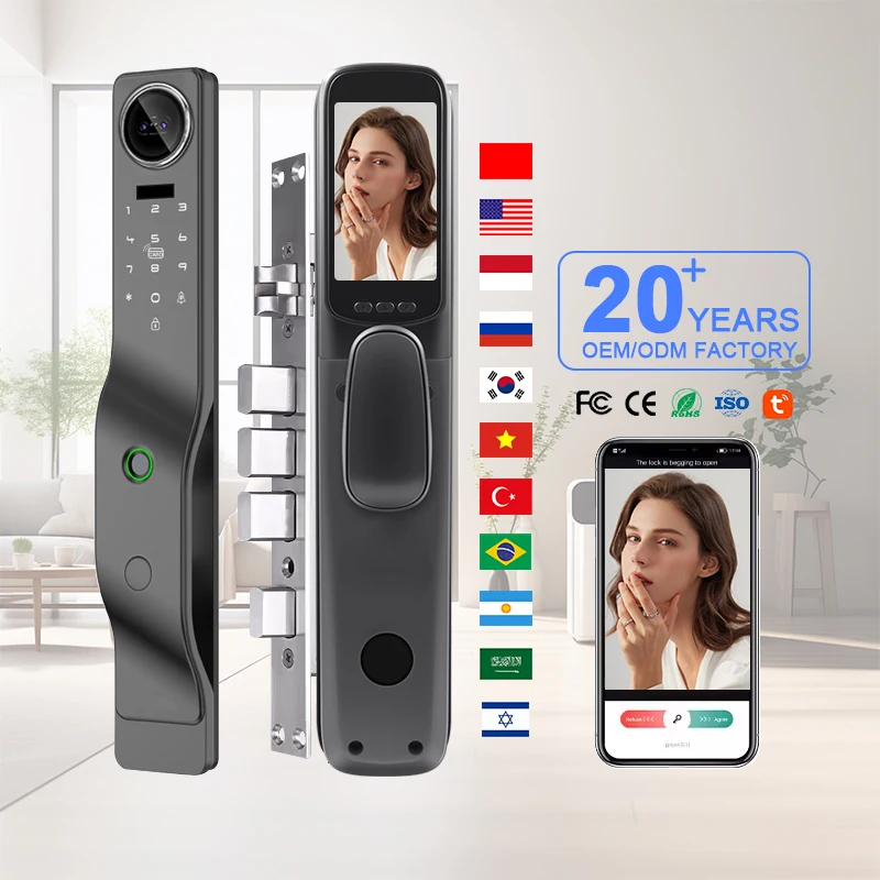 

WIFI video intercom TUYA APP smart electronic fingerprint security password door lock with camera