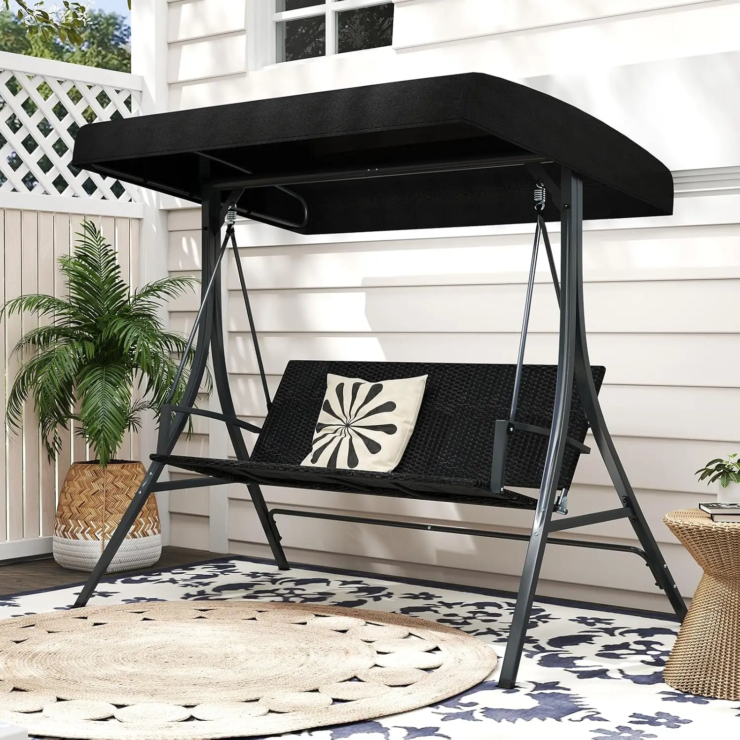 3-Person Wicker Porch Swing, Outdoor Swing with Rattan Seat & Back, Metal Frame, Adjustable Canopy, 1000 lbs Max, Customized