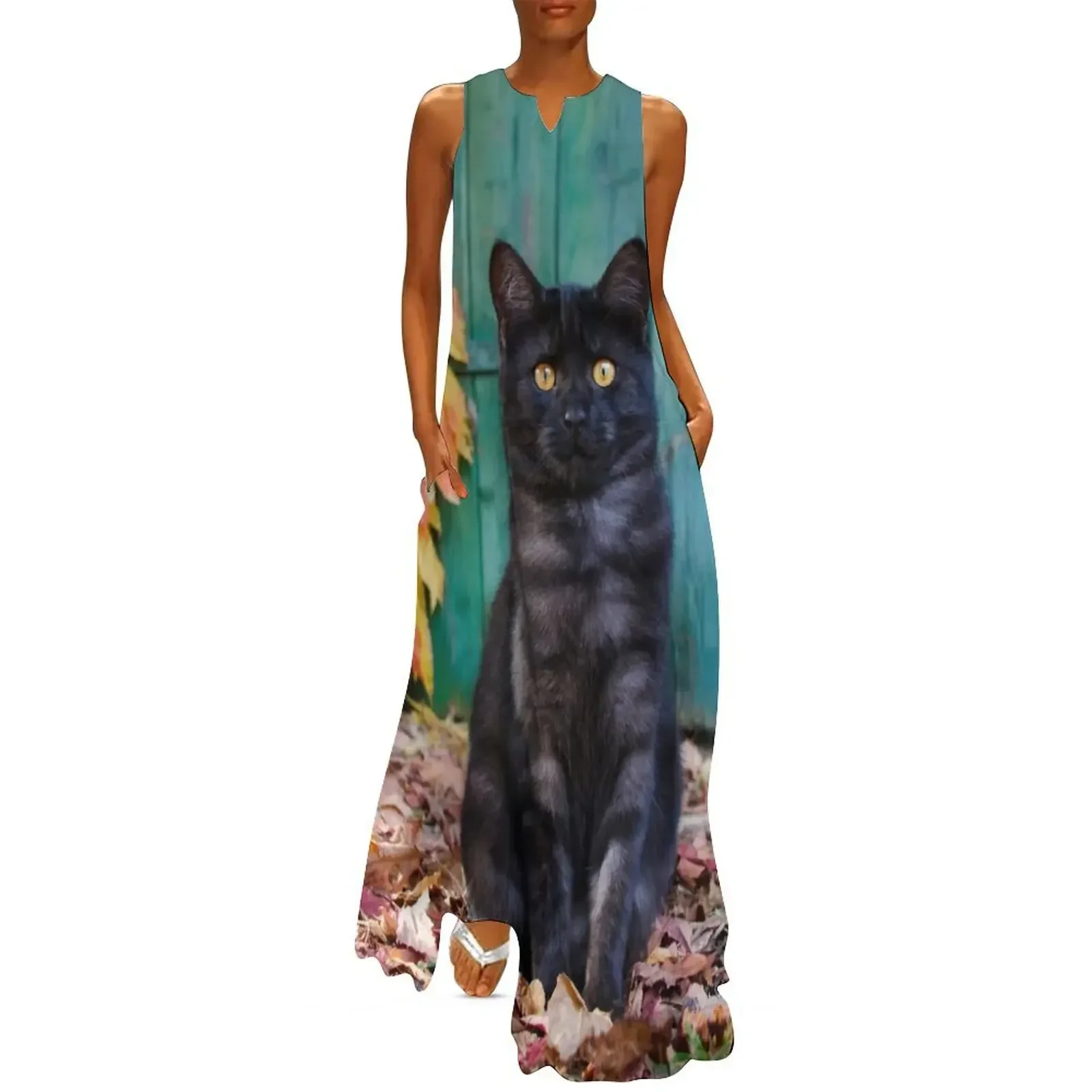 

Cute Black Cat Kitten with Red Leaves in Autumn Long Dress cute dress summer dress woman 2025 trendy Bride dresses