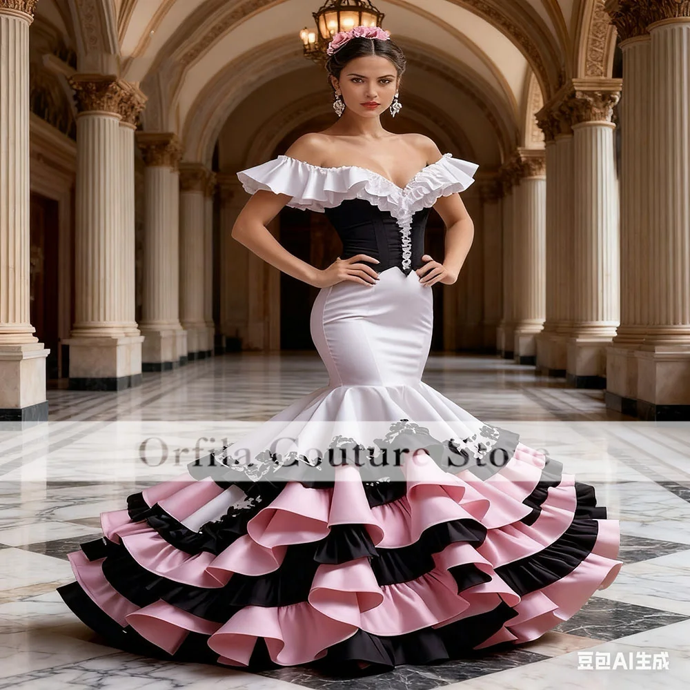 Flamenco Gypsy Prom Dress Mermaid Pink With White Ruffles Long Evening Gowns Spanish Barcelona Formal Dance Party Customized