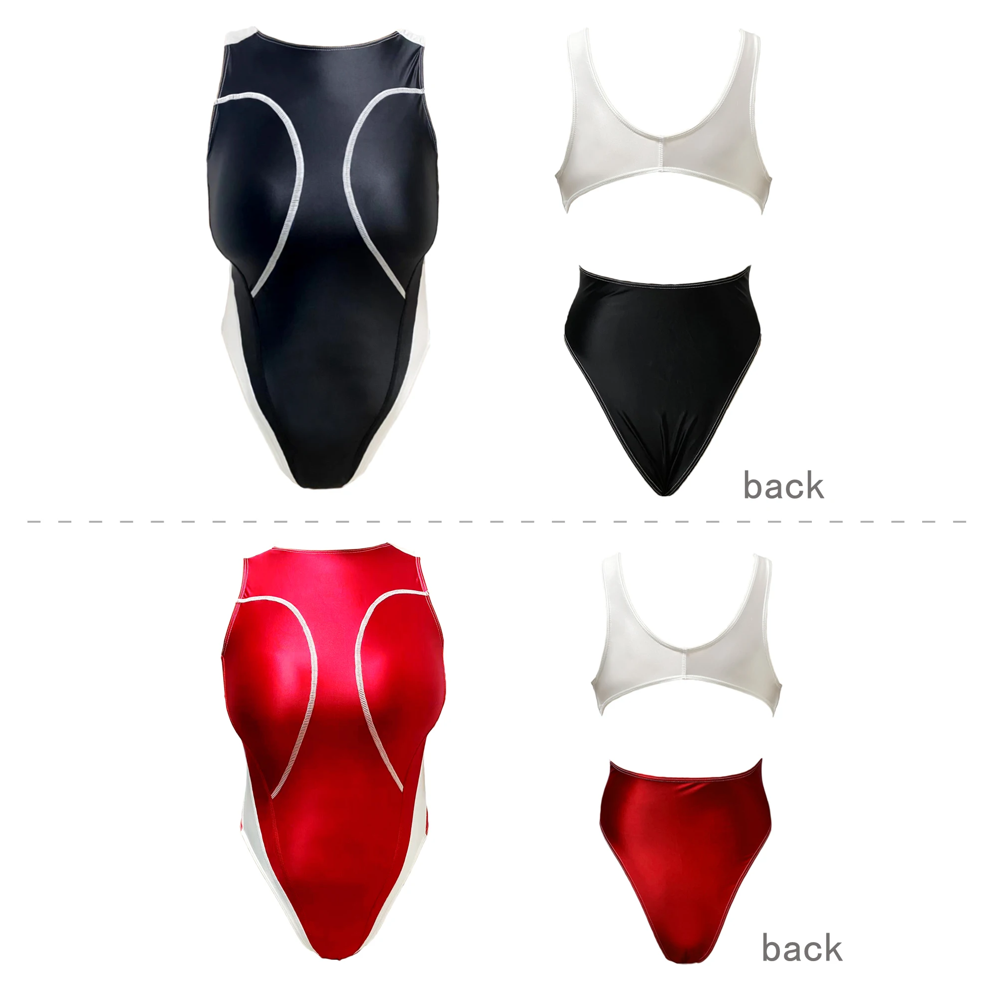 XCKNY satin glossy swimsuit one piece Color blocked briefs Bareback Hot Spring Sexy high fork swimsuit