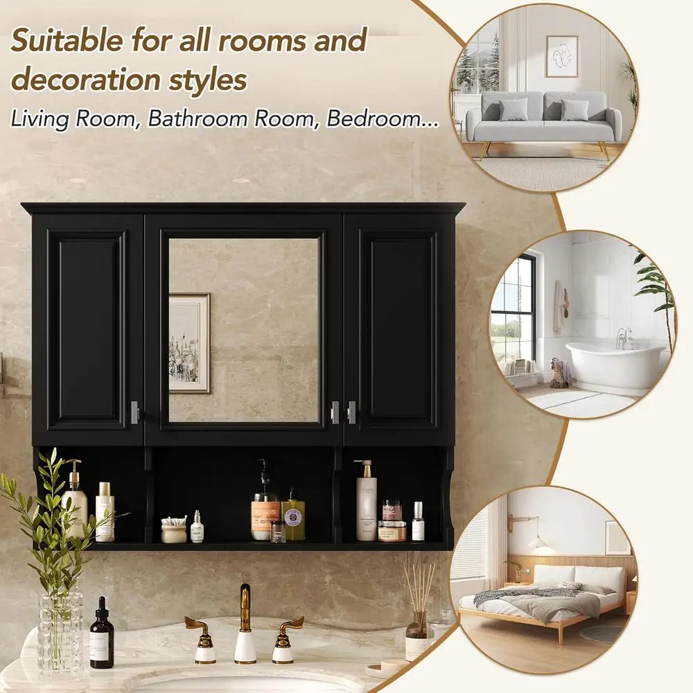 Bathroom Wall Cabinet with Mirror, Wall Mounted Medicine Cabinet with Adjustable Shelves and Open Spaces, 35" x 28" Mirrored Doo view 5