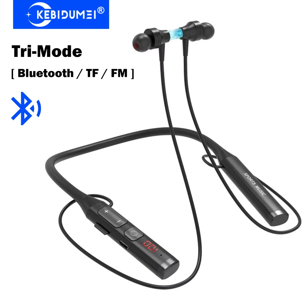 KEBIDUMEI Tri-Mode Neckband Bluetooth Earphones Bluetooth /TF/FM Wireless Headphones HiFi Stereo Noise Reduction Sport Headsets