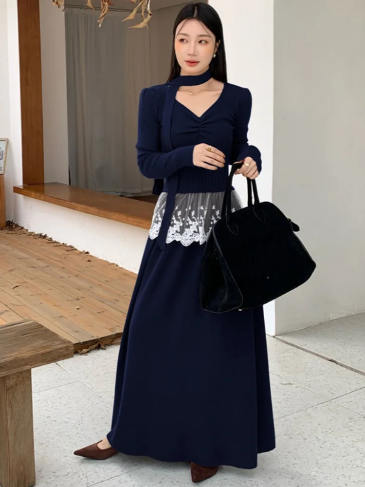 새로운 패션 달콤하고 매운 소녀 레이스 패치워크 브이넥 긴팔 상의 투피스 세트 하이웨이스트 롱 스커트 니트 2피스 의상