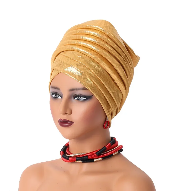 Auto Gele African Headtie Bonnet Hat Turban for Women Pleated Muslim Headwrap Nigerian Scarf Hijab Aso Oke Femme Chemo Cap Cover