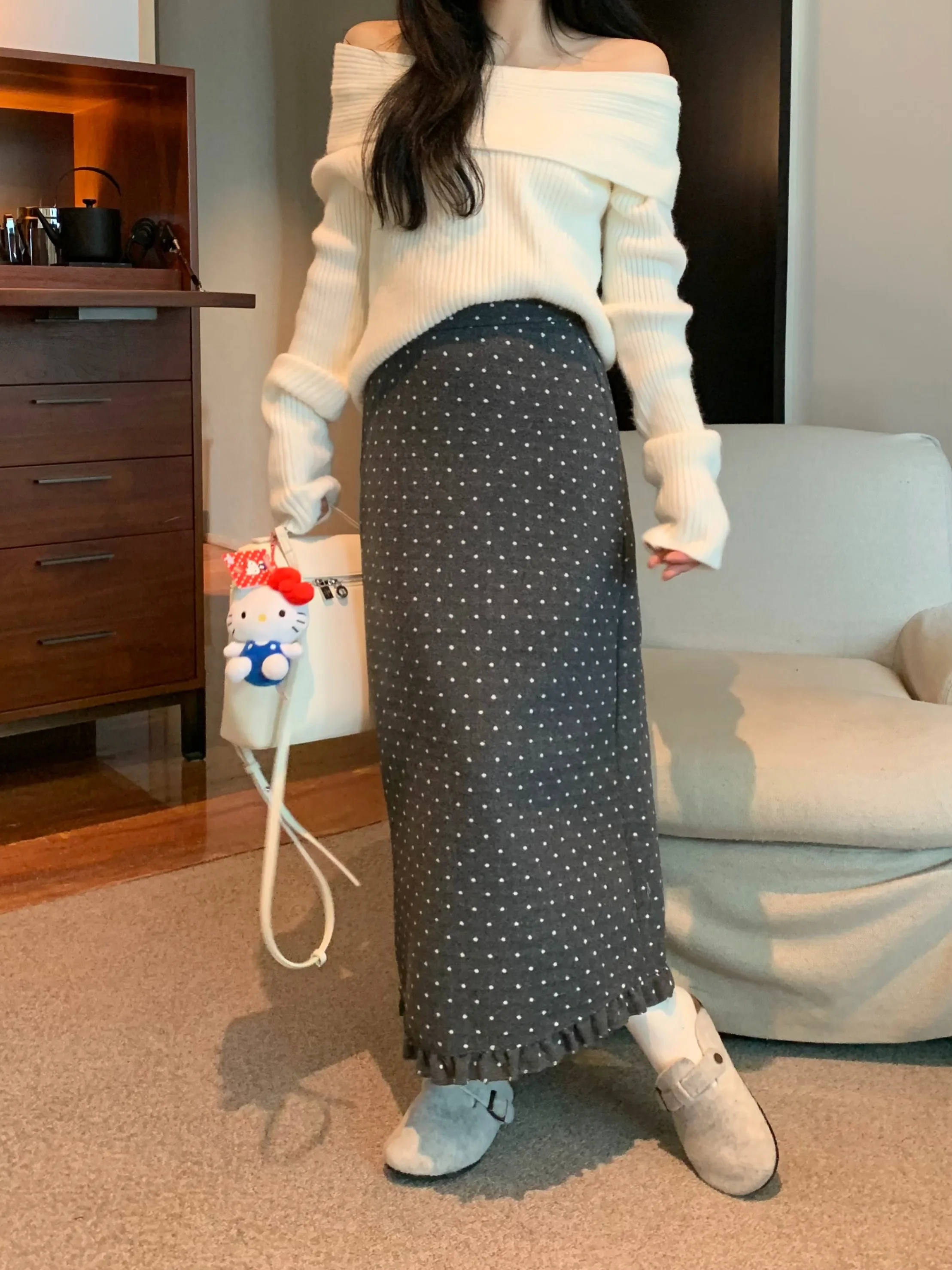 레트로 폴카 도트 니트 스커트 하이 웨이스트 스트레이트 컷 여성용 겨울 신상 슬림 미디 길이 바디콘 스커트