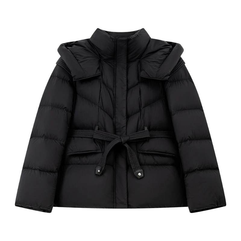 Vimly レディース ブラック パファージャケット 2025 冬 スタンドフード付き襟 暖かい 防風 ルーズフィット 美しいカジュアルダウンコート 50860