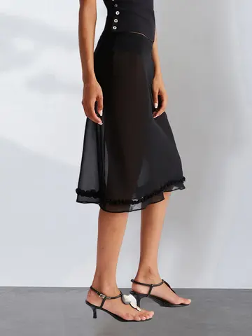 महिलाओं की मिडी स्कर्ट पारदर्शी लो राइज़ रफ़ल्ड हेम डॉट पैटर्न सफ़ेद और काले रंग की पारदर्शी स्कर्ट 8 best sales पारदर्शी स्कर्ट - №7