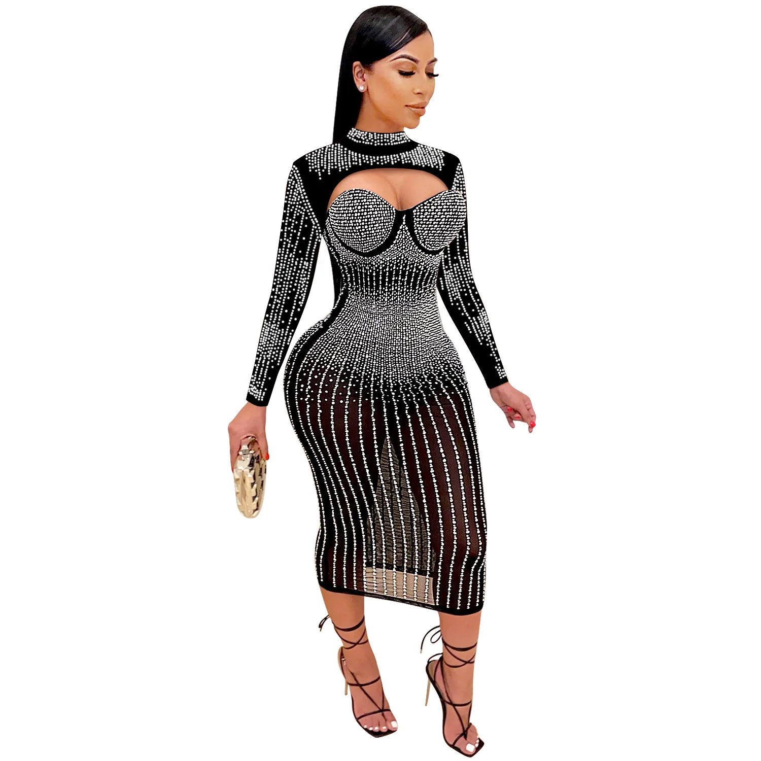 EINY y2k Frauen Mesh sehen durch Diamanten heiße Strass steine Langarm Mesh sehen durch Ausschnitt Bodycon Midi Kleid sexy Party kleider