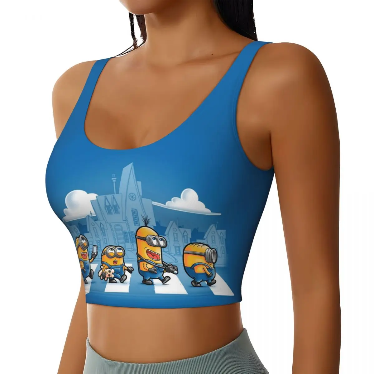 Custom Women Minions Road Sports Bra Minion Cartoon High Impact Gym Workout Running Crop Tank Tops