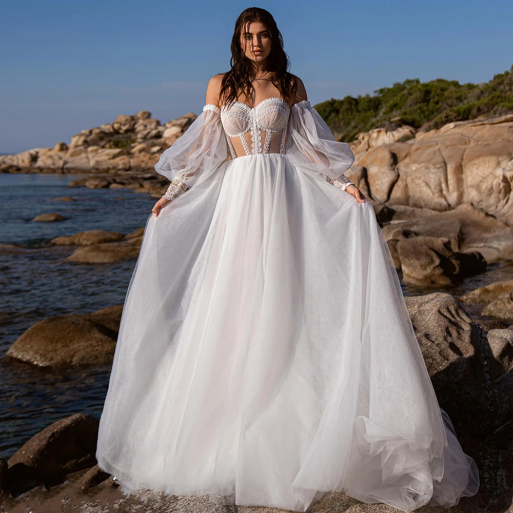 Weilinsha-vestidos de novia bohemios con manga abombada, traje Sexy de encaje con escote Corazón, talla grande, 2022