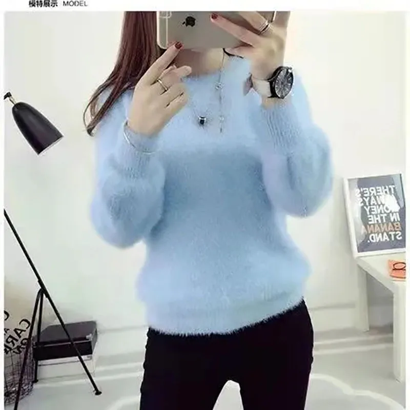 Autumn Winter Imitation Mink Fleece Sweater for Women 2022 New Knitwear Thick Half High Neck Inner Knitted Bottom Top Pullovers